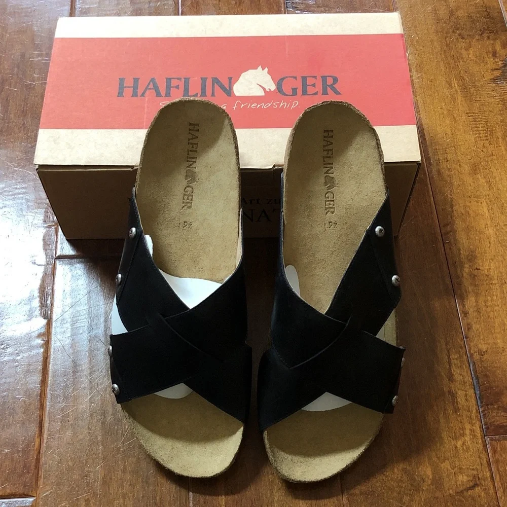 BRAND NEW IN BOX Mens HAFLINGER Rick 46 12 Black Leather Sandals Slides Shoes